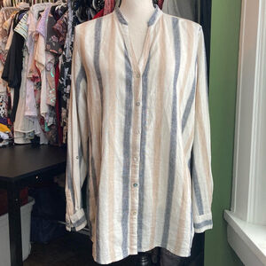 Women's Tahari Striped Linen mix Button-Down Shirt Size L White Blue